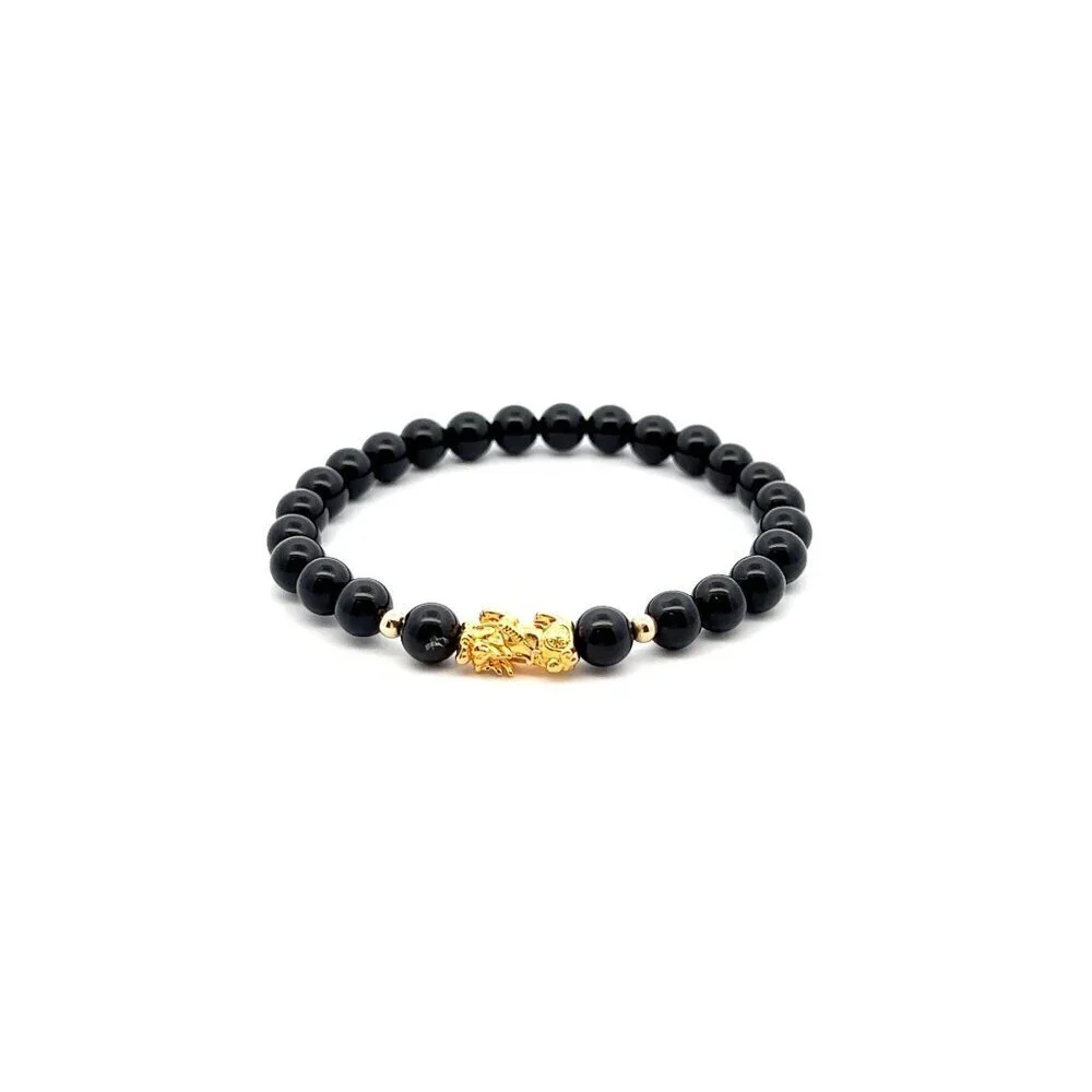 18K Gold Dragon Pixiu Piyao Lucky Charm Beads Bracelet Gemstones Onyx 6mm Size 6 - Picture 1 of 5